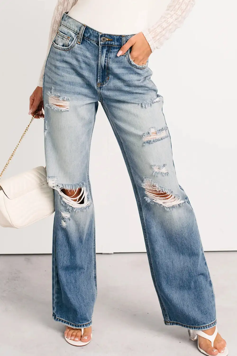 Mid Rise Distressed Sneak Peek Straight Leg Jeans