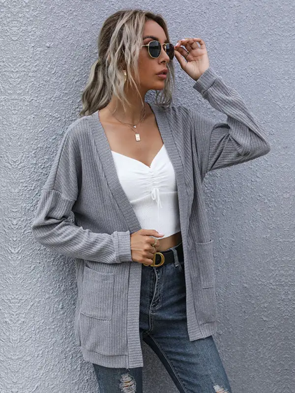 Women’s Ribbed Long Sleeve Cardigan with Pockets in 2 Colors S-XL