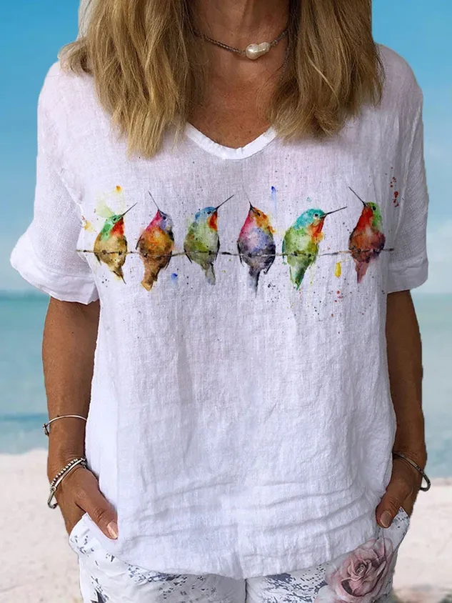 Women's Watercolor Hummingbirds Print Lounge Top