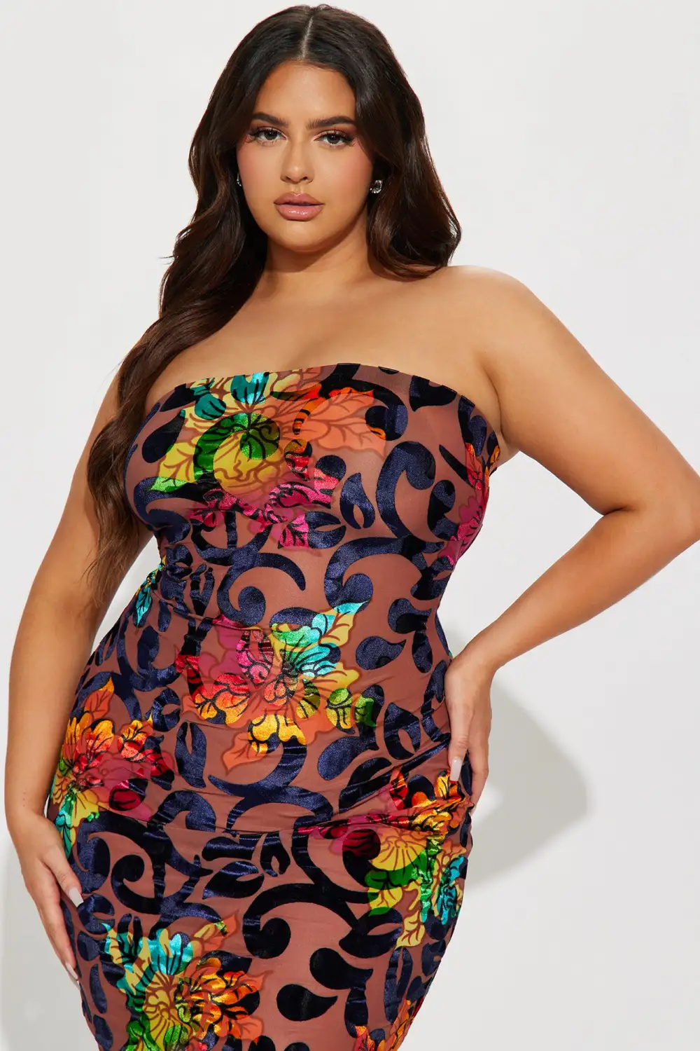 Nalini Velvet Burnout Midi Dress - Brown