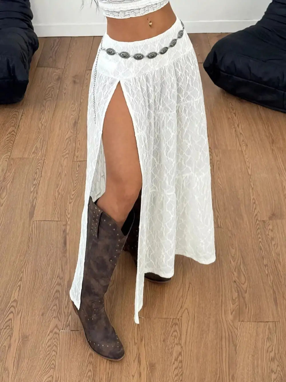 Casual Lace Slit Skirt