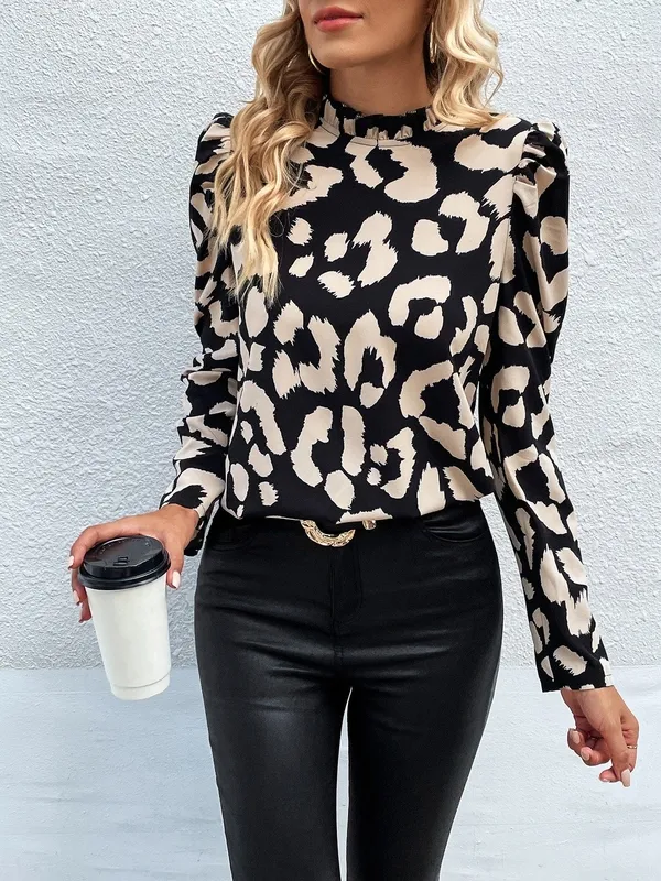 Women's Leopard Print Button Frill Stand-Collar Blouse