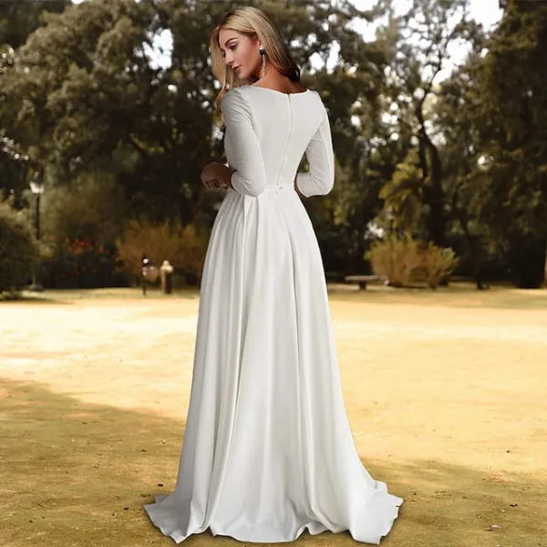 Hall Casual Wedding Dresses A-Line Scoop Neck 3/4 Length Sleeve Sweep / Brush Train Stretch Fabric Bridal Gowns With Pleats Solid Color 2024