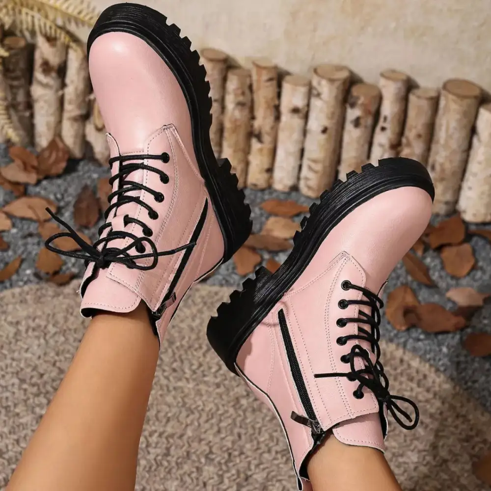 Textured Lace-Up Ankle Combat Boots