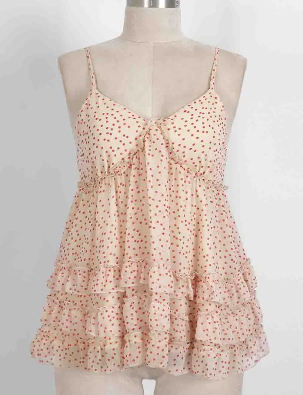 Polka Dot Ruffle Tiered Hem V Neck Cami Top