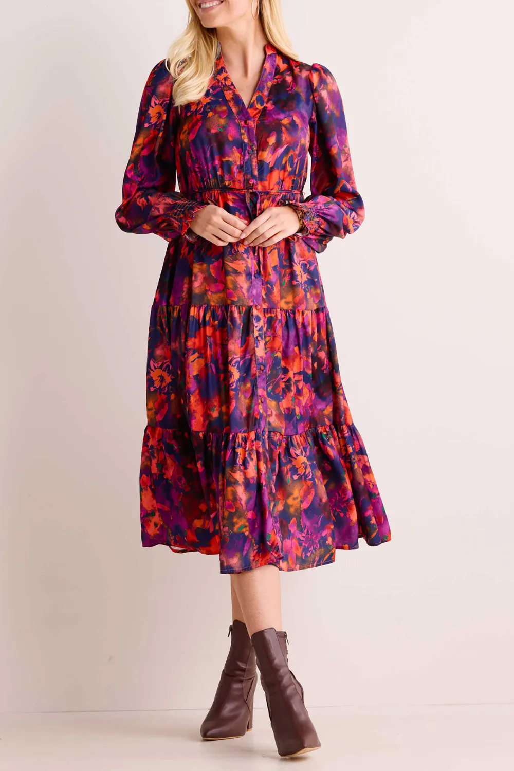 Purple Multicolored Print Flared Maxi Dress