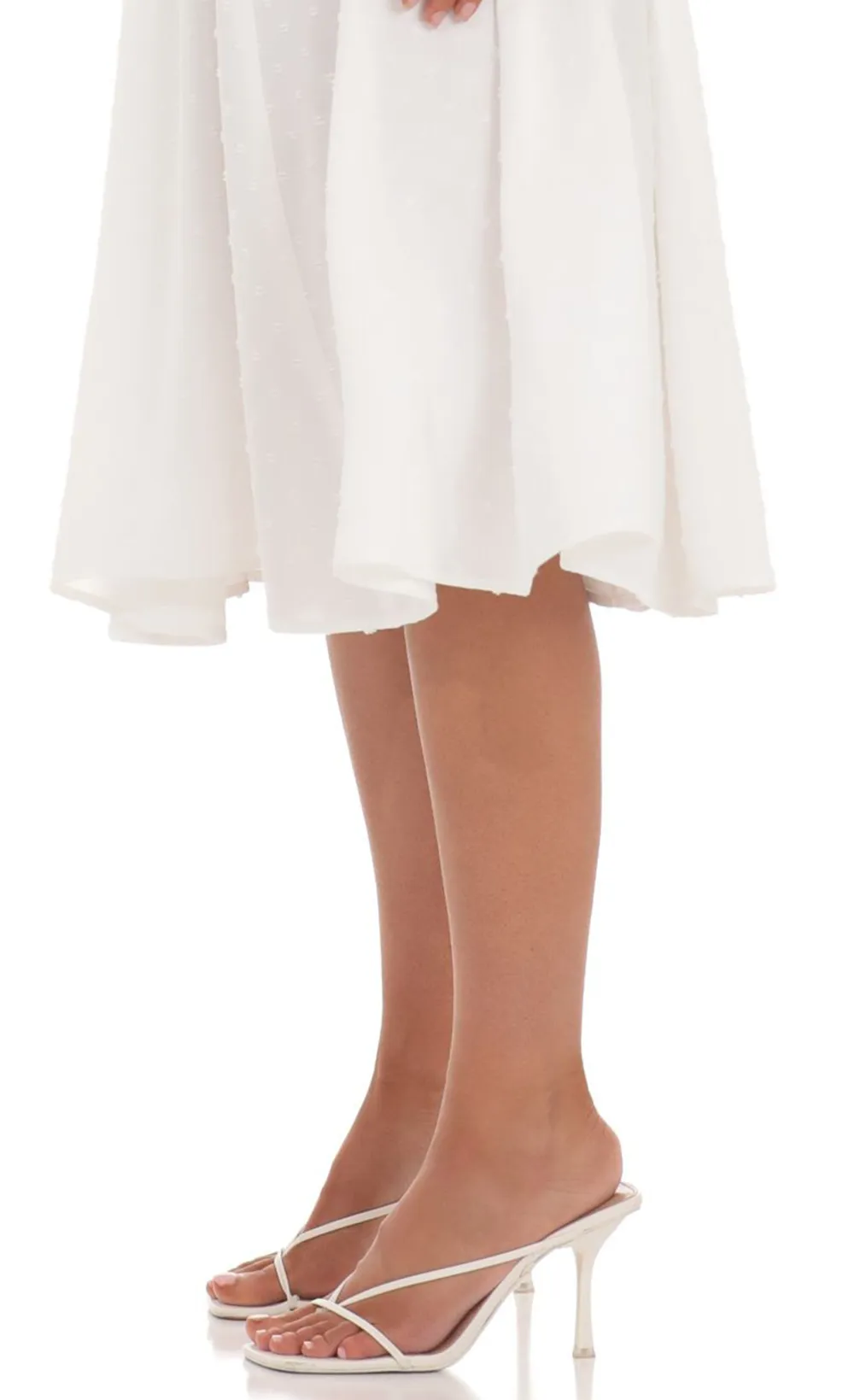 Dotted Square Neck Flare Midi Dress In White