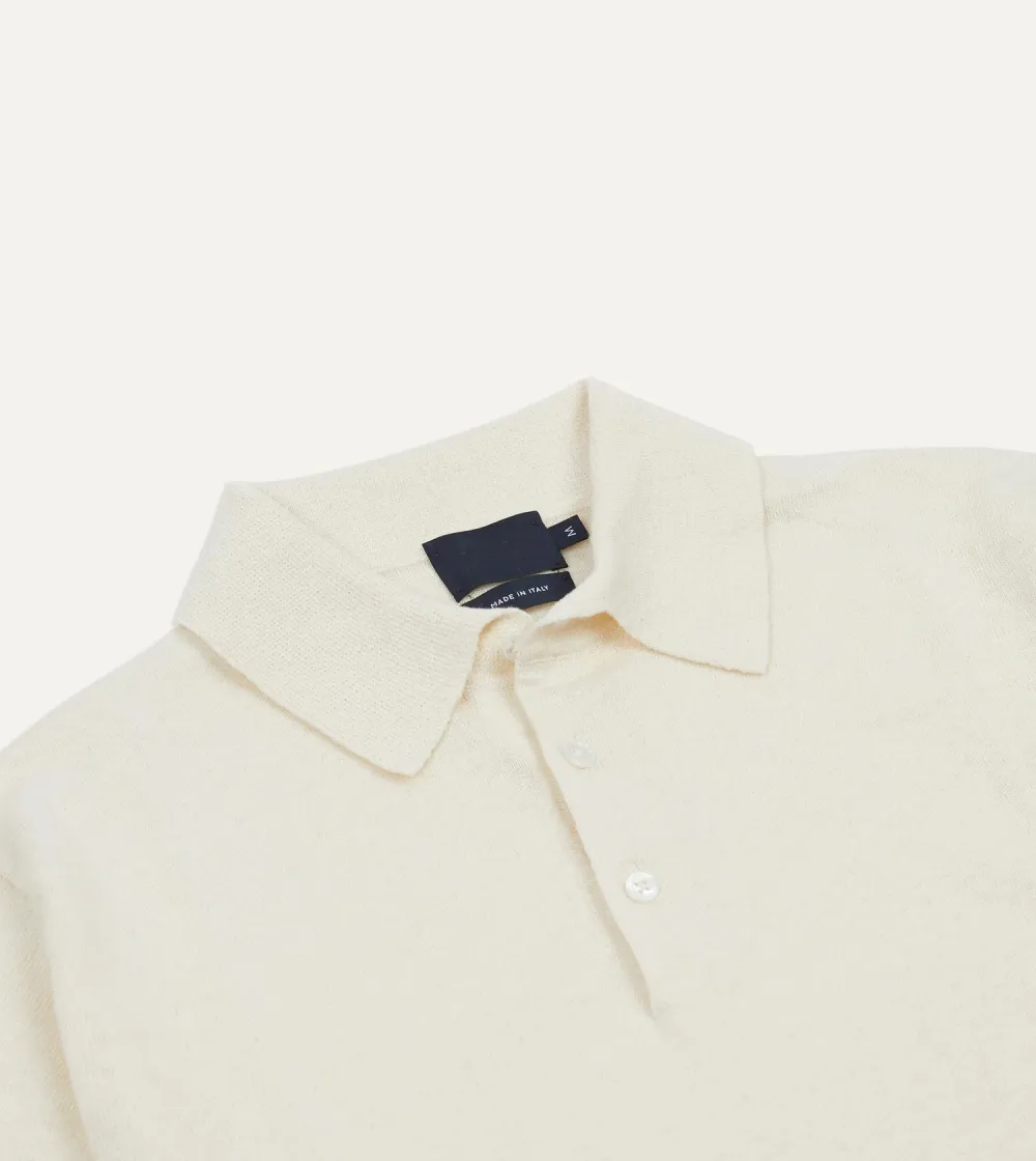 Ecru Knitted Linen-Cotton Short-Sleeve Polo Shirt Lapel