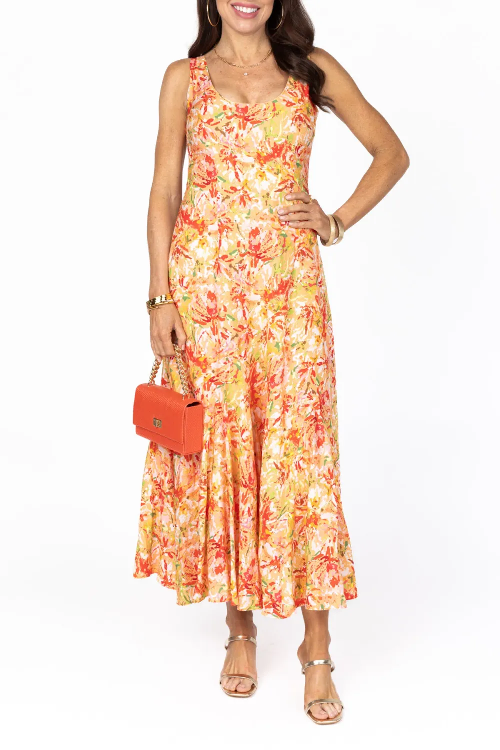 Orange Floral Print Sleeveless Maxi Dress