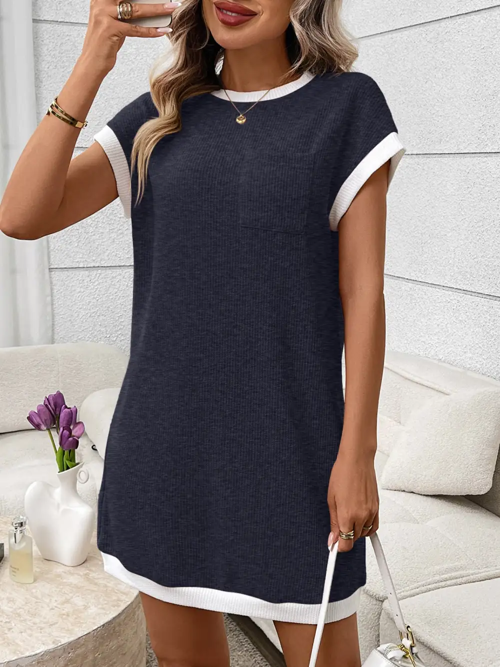 Ribbed Knit Pocketed Mini Dress