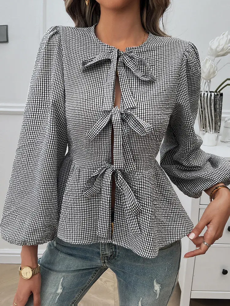 Vintage Plaid Bow Blouse