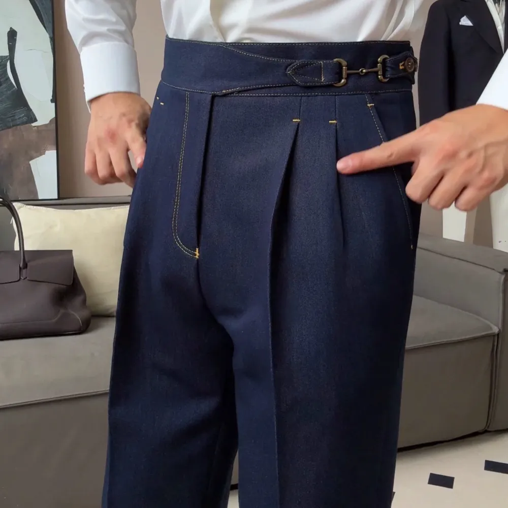 Double Pleat Denim Trousers