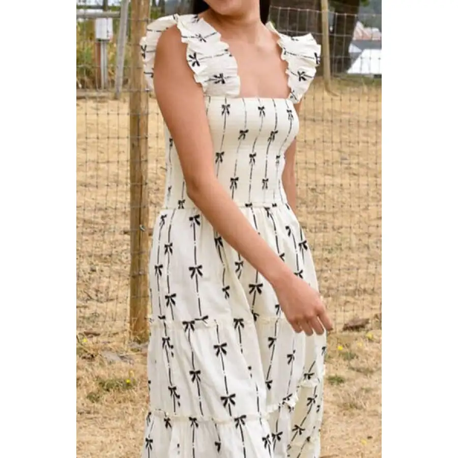 Bow Print Smocked Square Neck Ruffle Tiered Maxi Dress