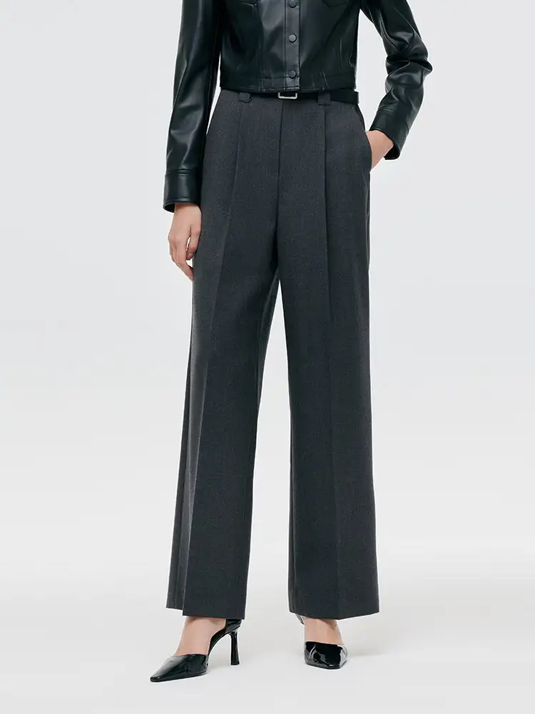 Worsted Wool Women Wide Leg Pants With Leather Belt