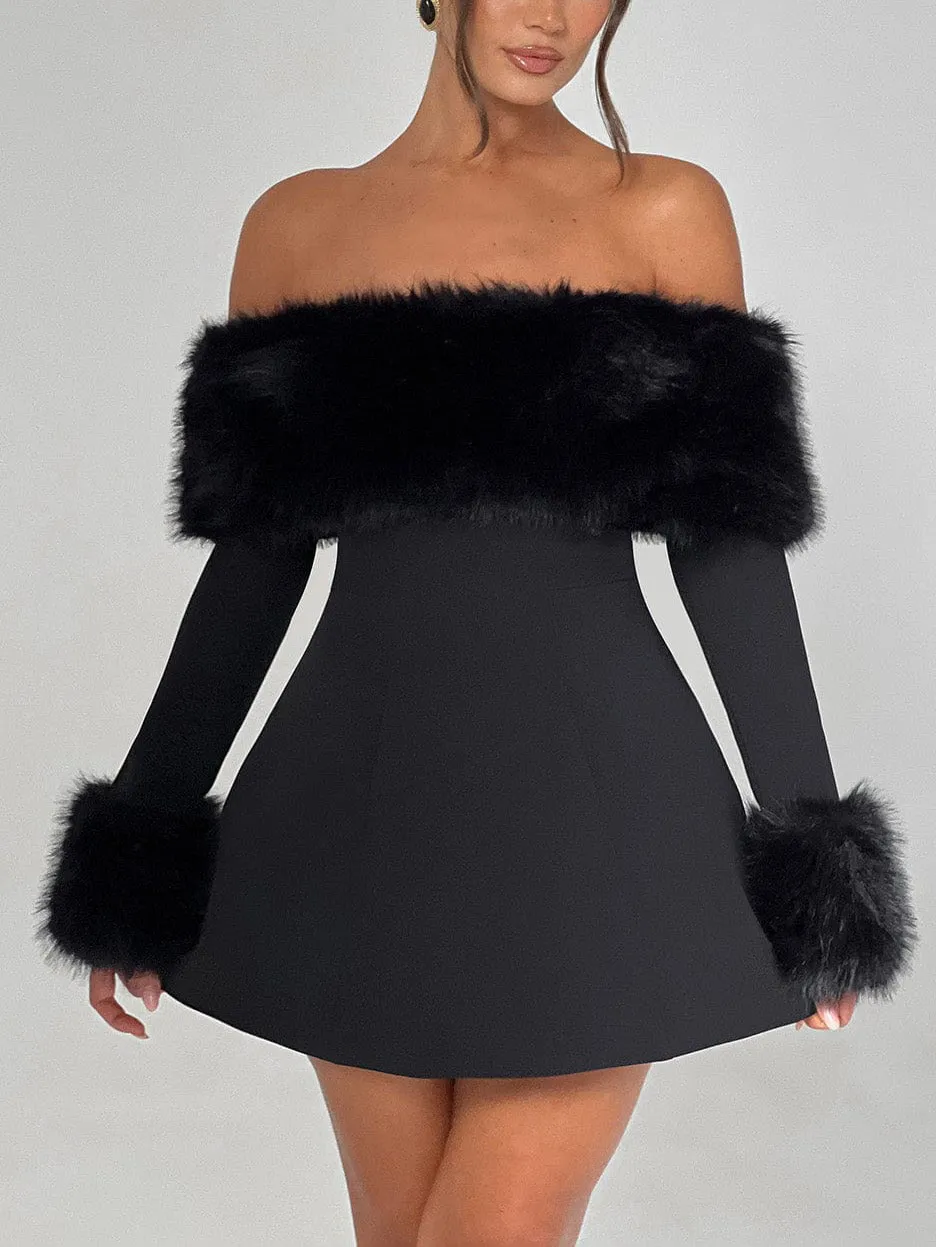 Playful Faux Fur Neckline Line Mini Dress