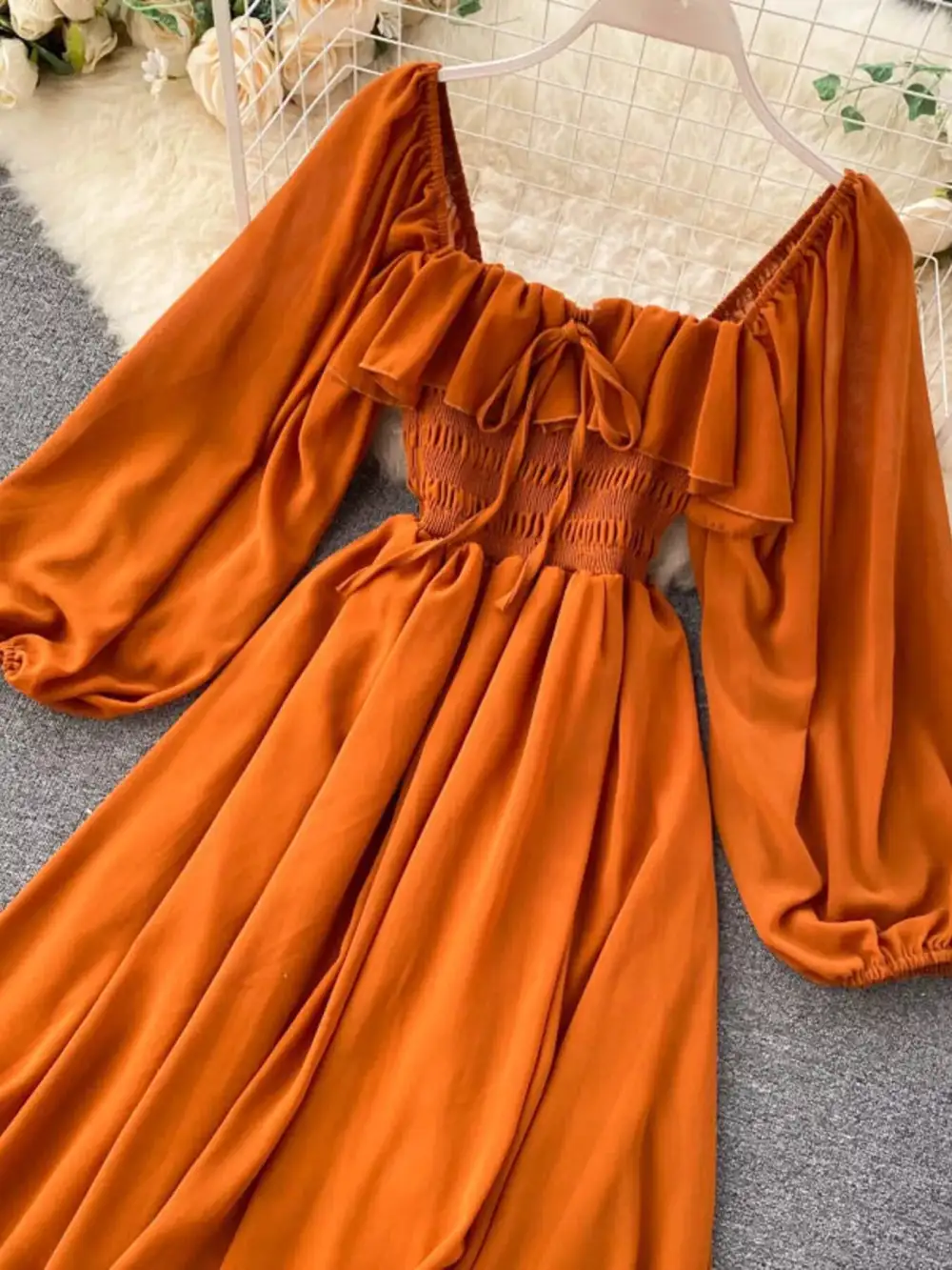 Ruffle Square Neck Balloon Sleeve a Line Dress