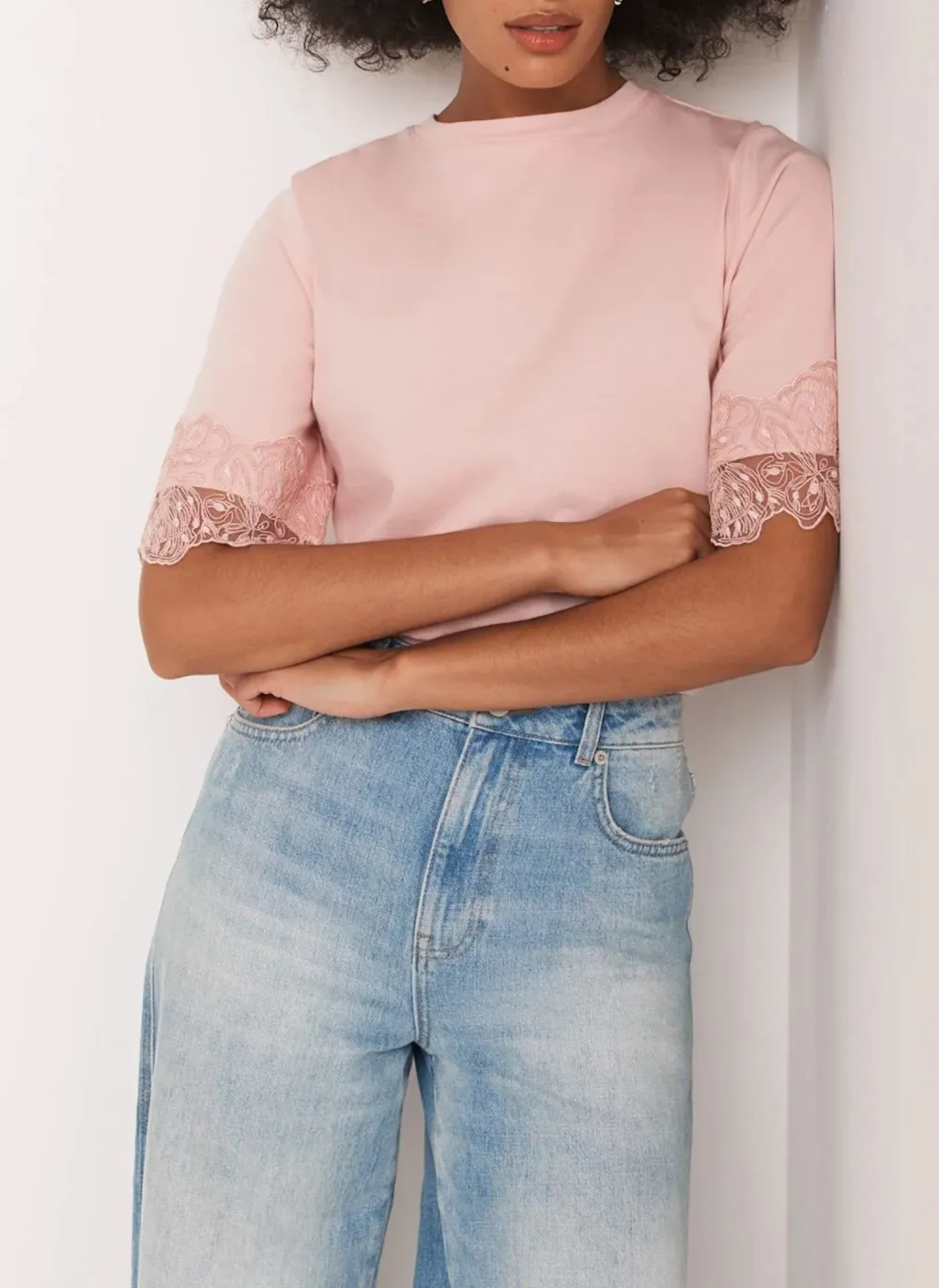 Casual Style Pink Cotton Lace Trim T-Shirt