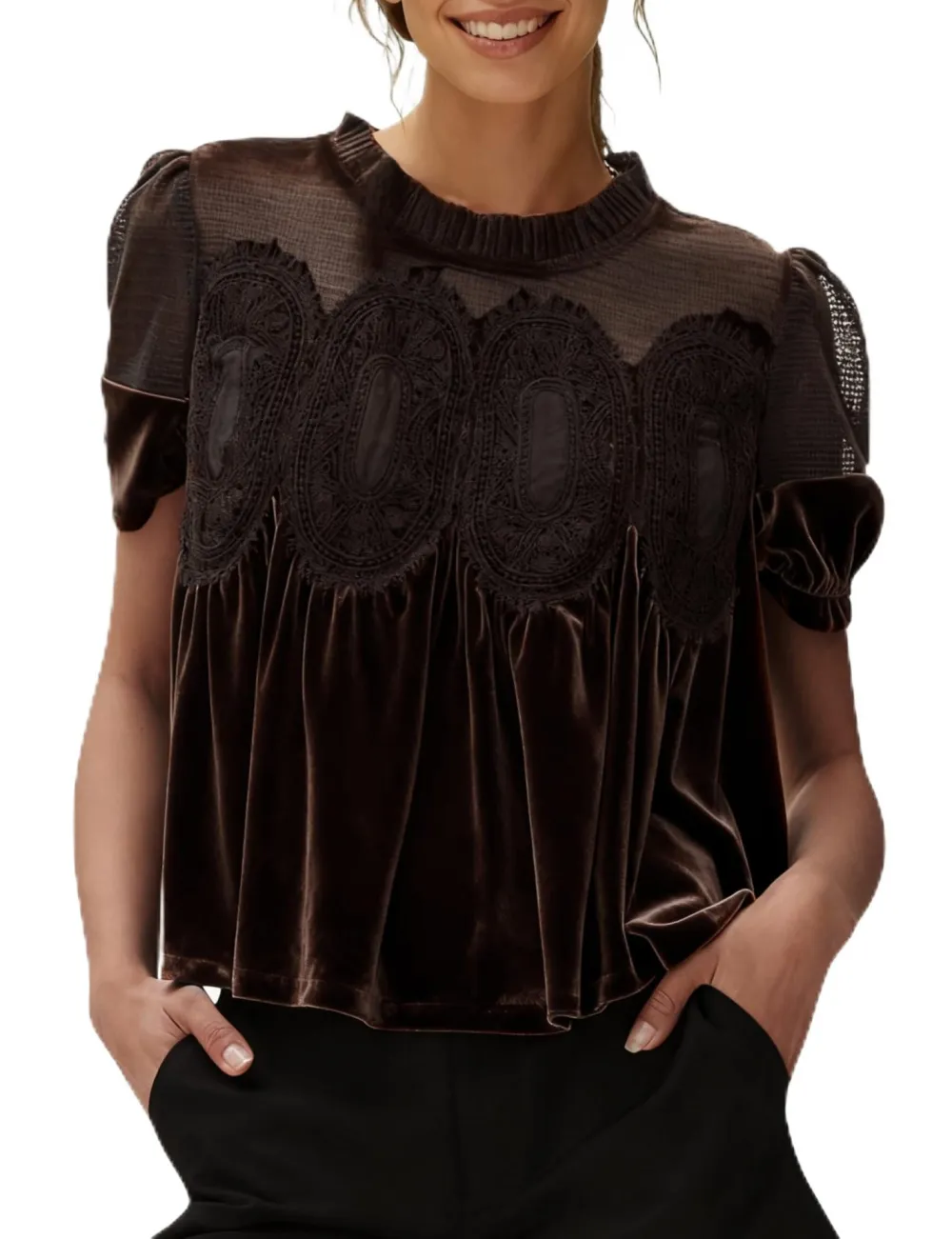 Mesh Embroidered Crewneck Top