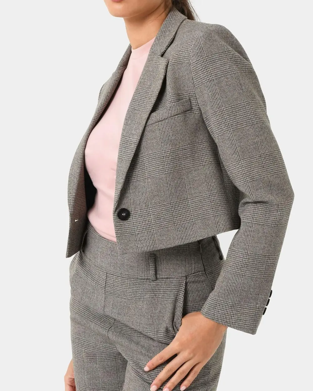 Checked Crop Blazer -Beige & Black