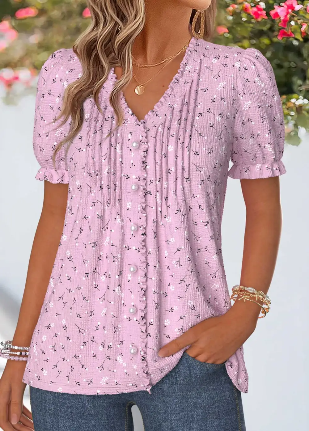 Red Geometric Print Frill Short Sleeve T Shirt