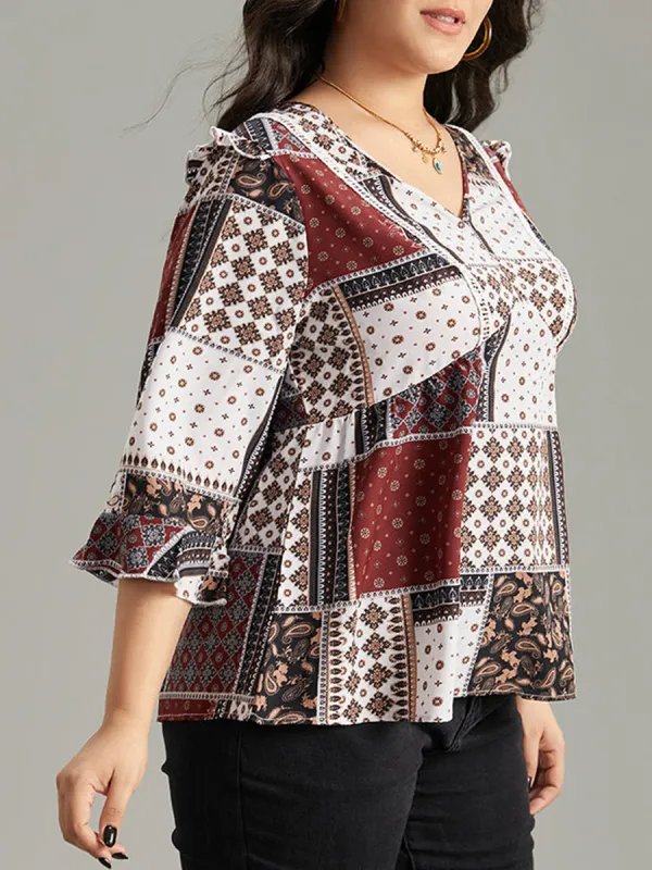V-Neck Geometric Print Elegant Shirt