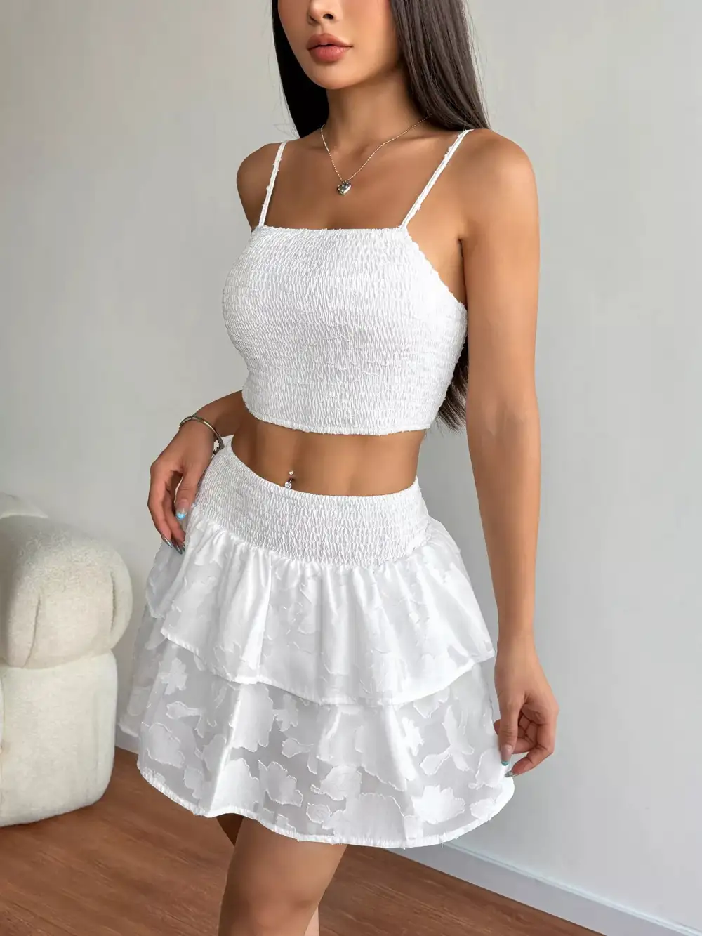 Draped Cropped Smocked Detail Coordinated Set