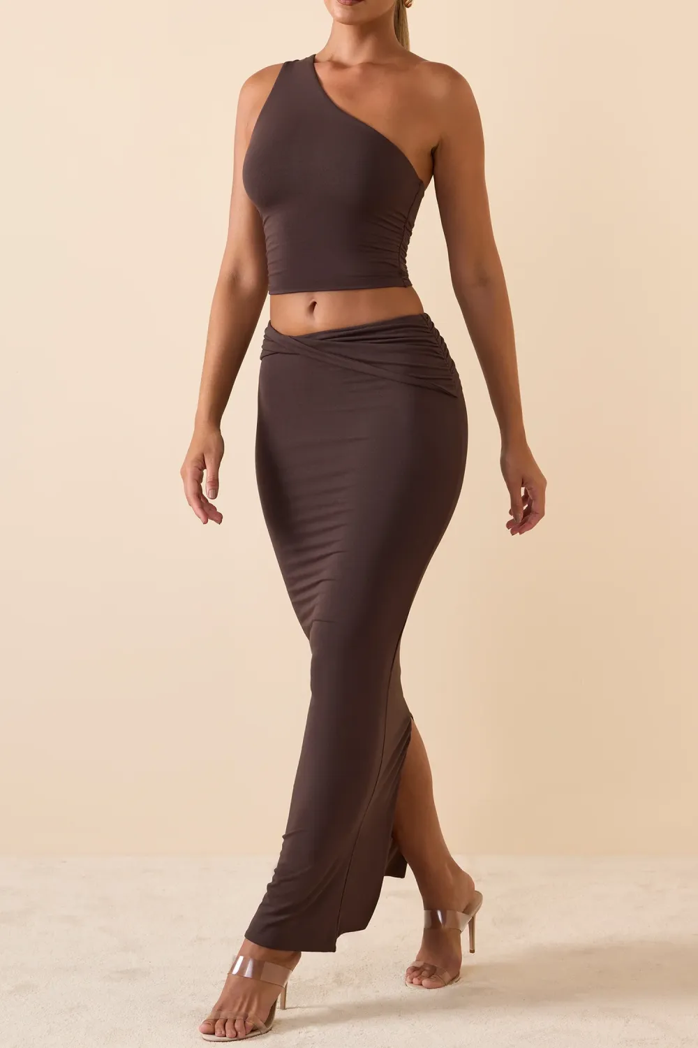 Mid-Rise Asymmetric Pleated Long Skirt