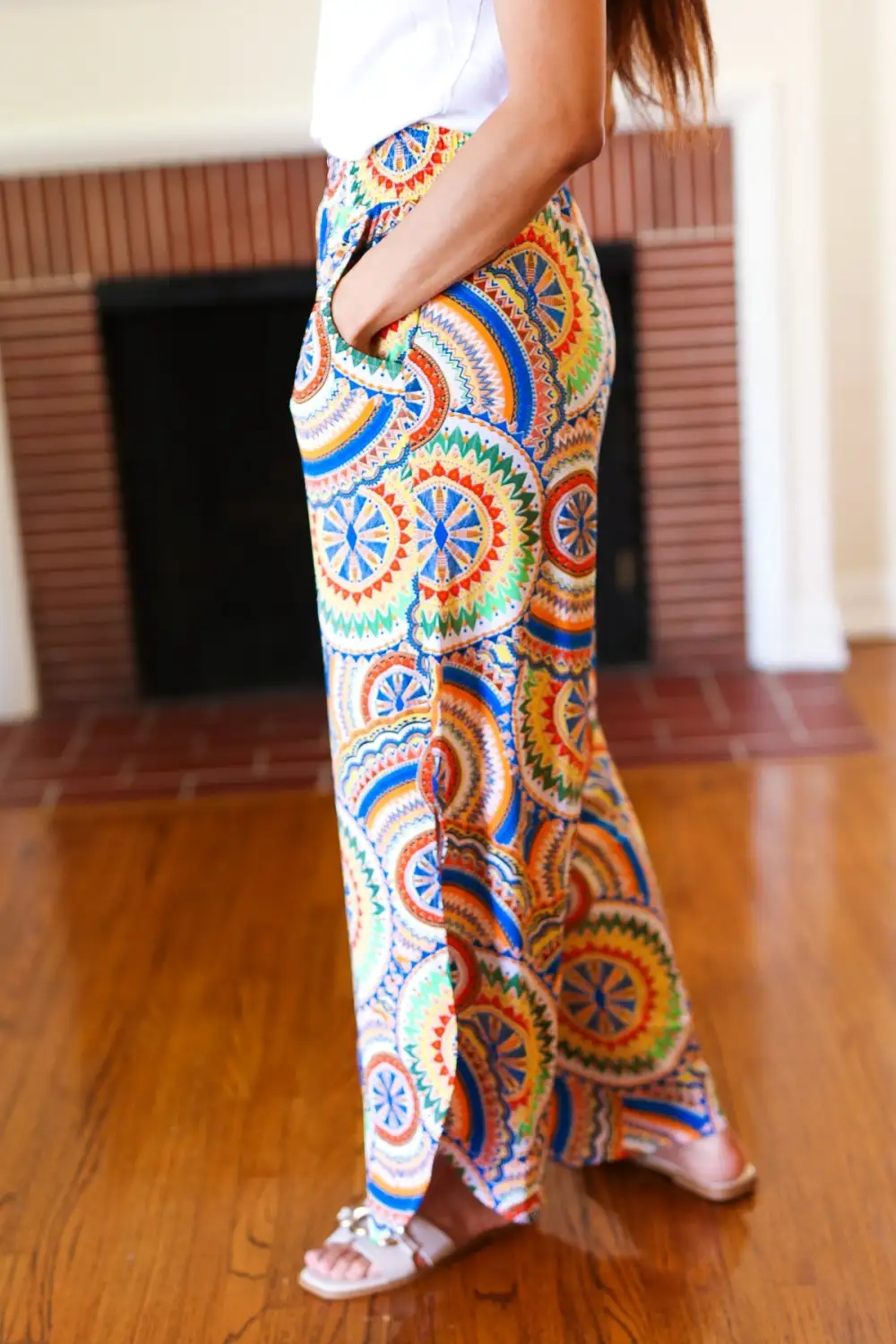 Mandala Smocked Waist Side Slit Palazzo Pants