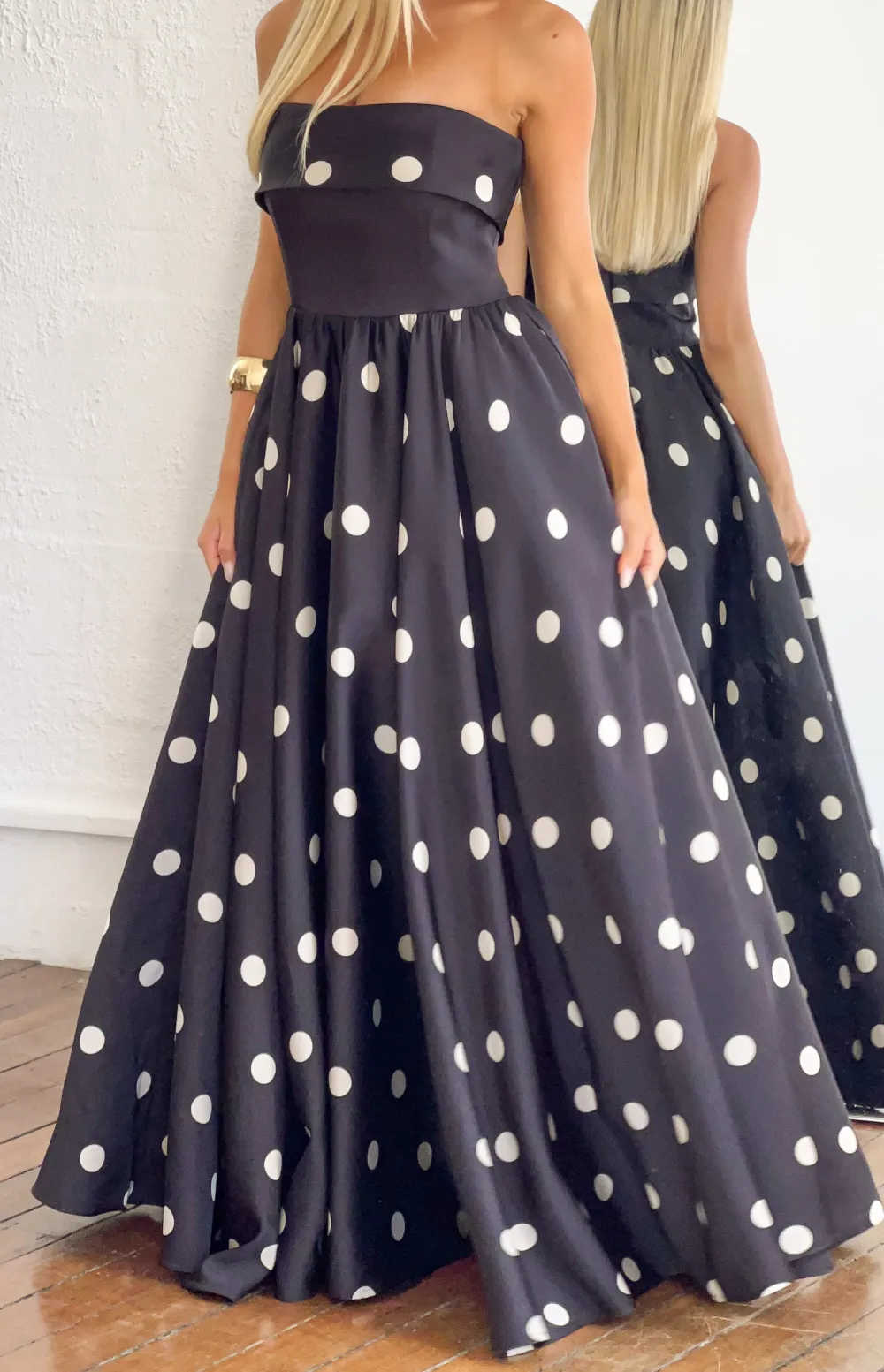 Satin Strapless Flowy Polka Maxi Dress