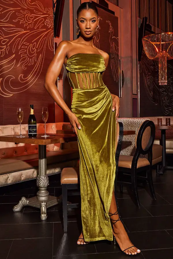 Vivi Velvet Maxi Dress - Olive