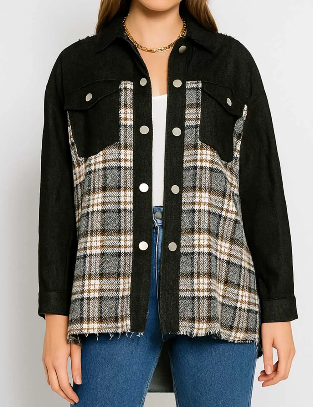 Plaid Patchwork Button Down Denim Jacket
