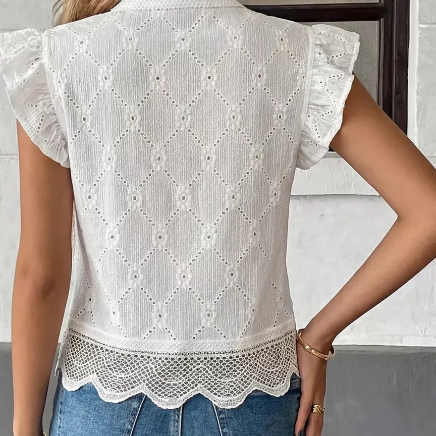 Lace Detail Ruffle Sleeve Button Up Shirt
