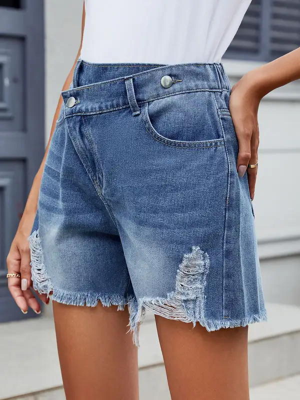High Waisted Buttoned Pockets Ripped Solid Color Tasseled