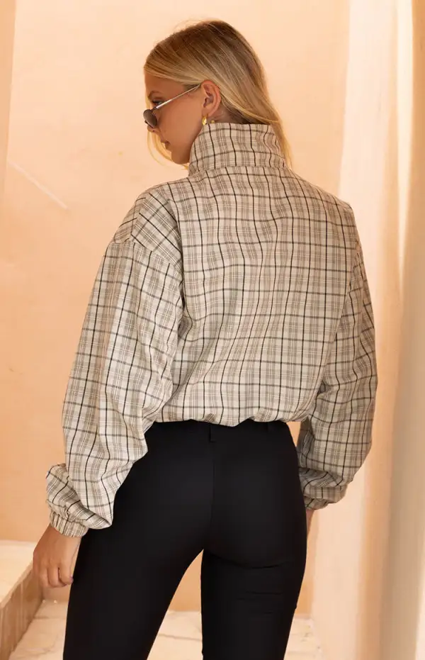 Funnel Neck Plaid Funnel Jacket