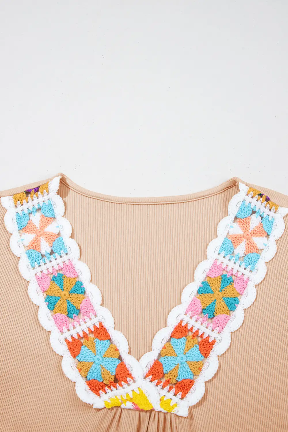 Pale Chestnut Crochet Floral V Neck Textured Short Sleeve Blouse