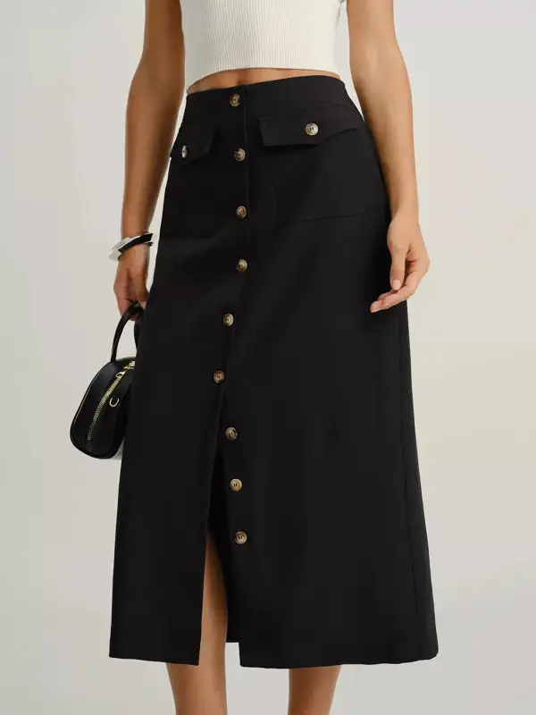 Button Front Pocket Midi Skirt