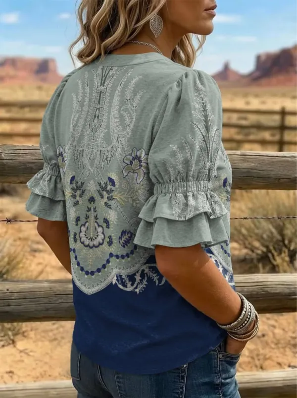 Women's Vintage Print Puff Sleeve Casual Shirt