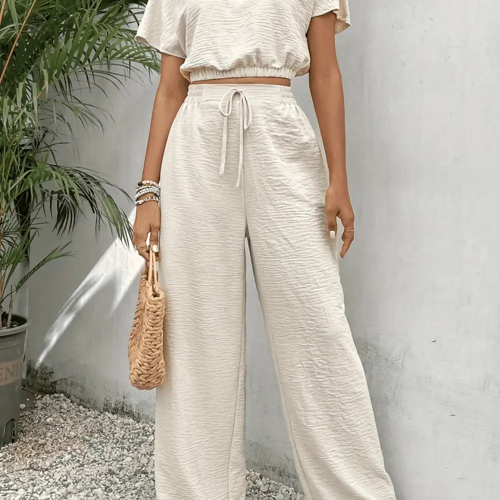 Two-Piece Set: Breezy Spring/Summer (Batwing Top, Tie Front Pants)