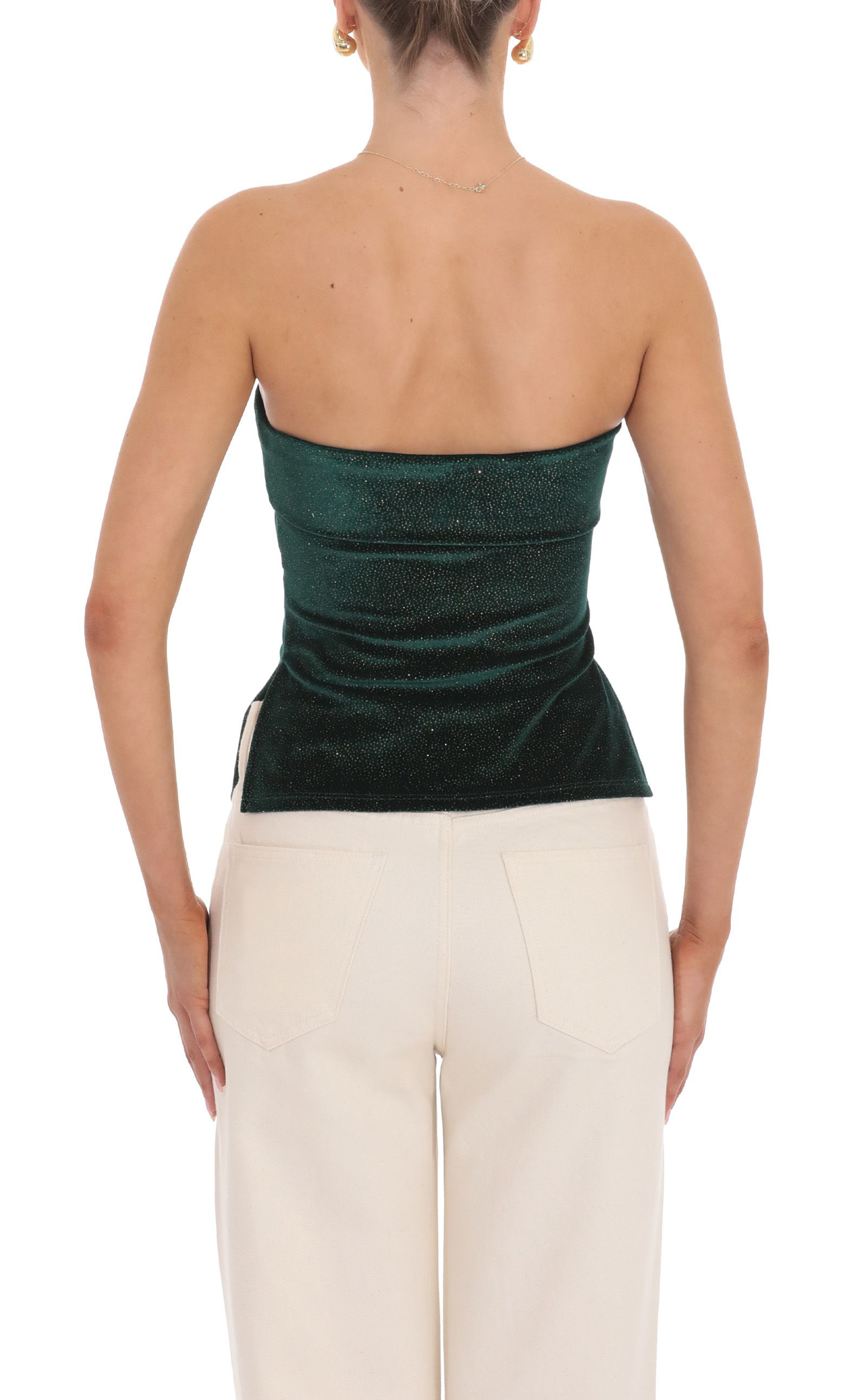 Velvet Foil Strapless Slit Top in Green