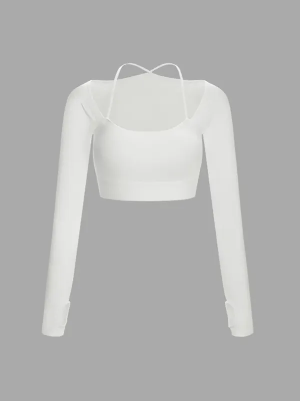 Ribbed Halter Strap Thumb Hole Cropped Yoga Sports Top