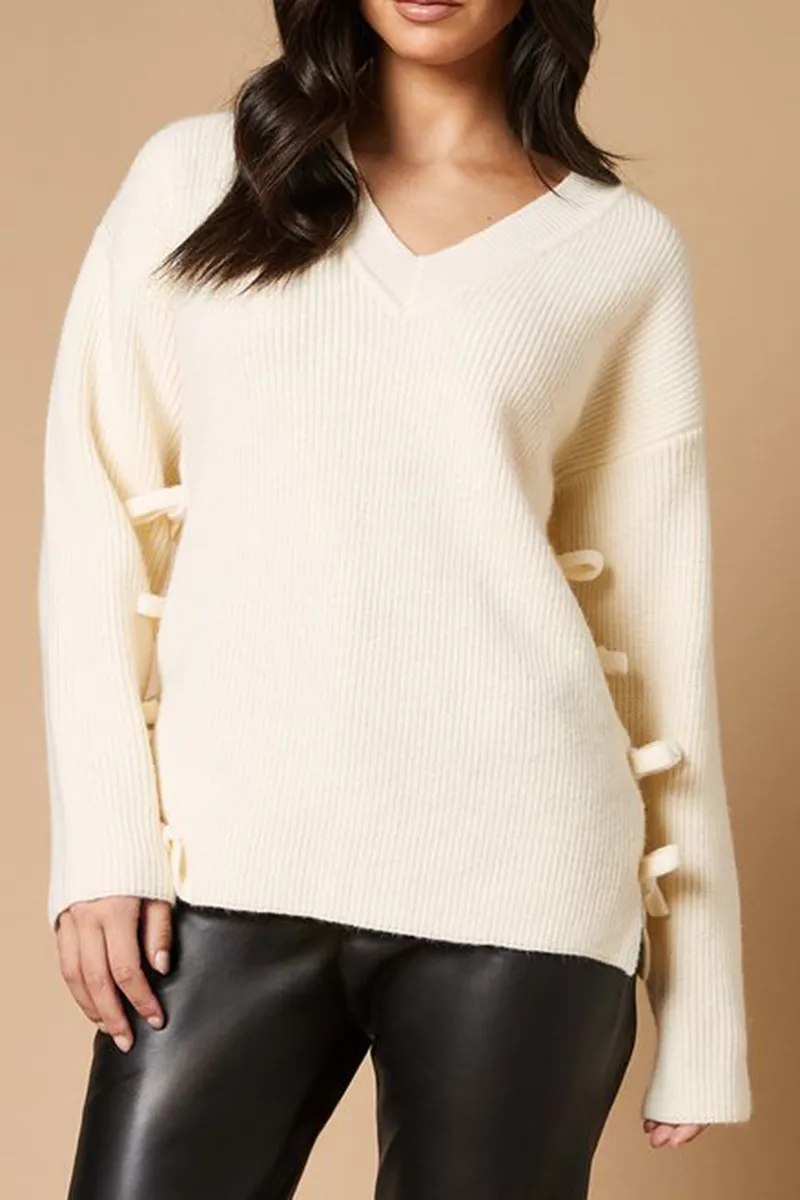 Casual Style Bow Side V Neck Sweaters