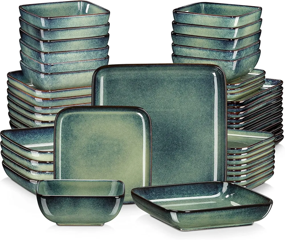 vancasso Stern Green-Blue Dinner Set- Square Reactive Glaze Tableware- 32 Pieces Kitchen Dinnerware Stoneware Crockery Set with Dinner Plate, Dessert Plate, Bowl and Soup Plate Service for 8