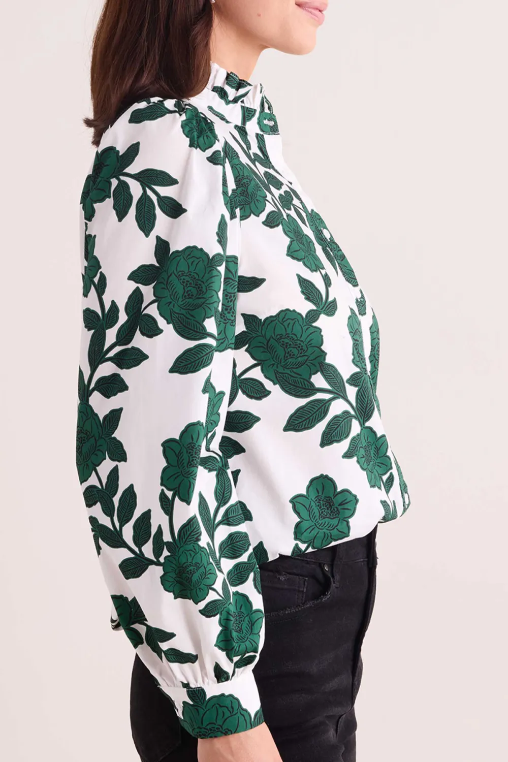 Green Floral Print Stand Collar Button-Front Shirt