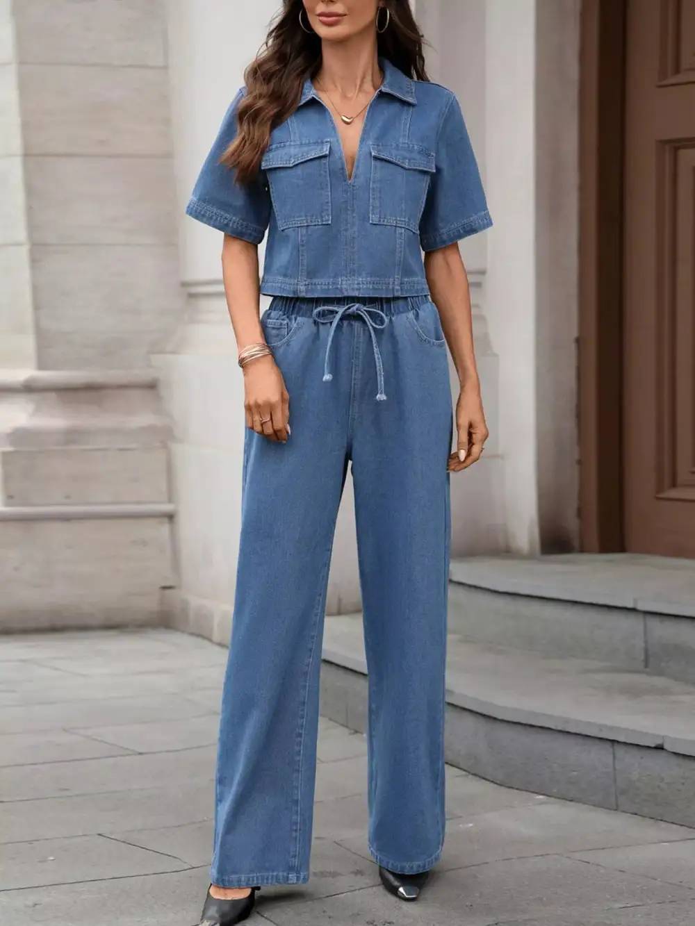 Denim Drawstring Jumpsuit