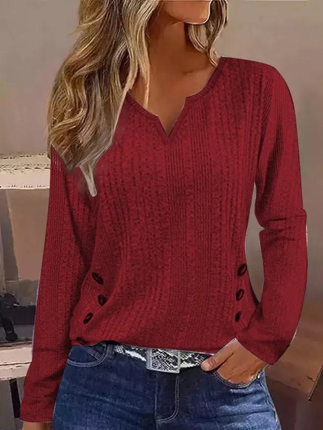 Casual Plain Notched Long Sleeve T-shirt