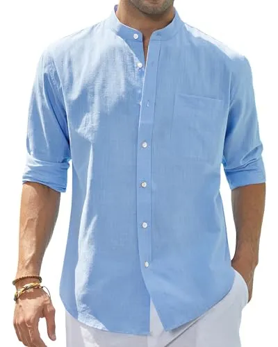 Men's Cotton Linen Long Sleeve Shirts Casual Button Down Banded Collar Shirt Beach Summer Tops with Pocket