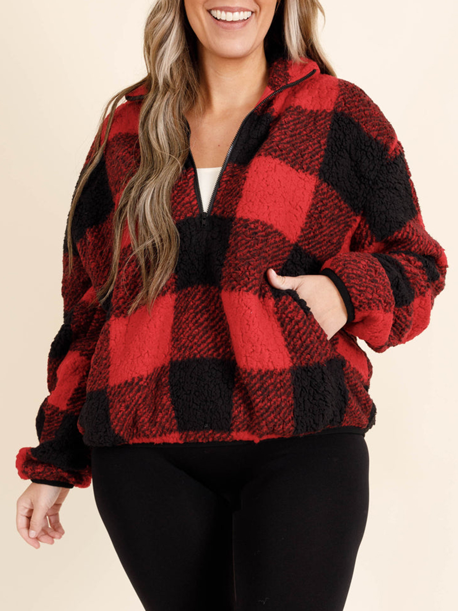 Red plaid zippered pocket hoodie