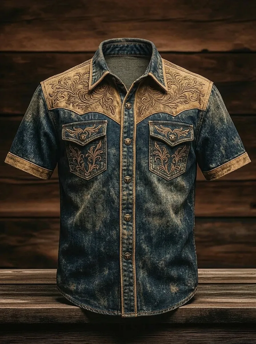 Men's Western Cowboy Floral Embroidered Printed Shirt