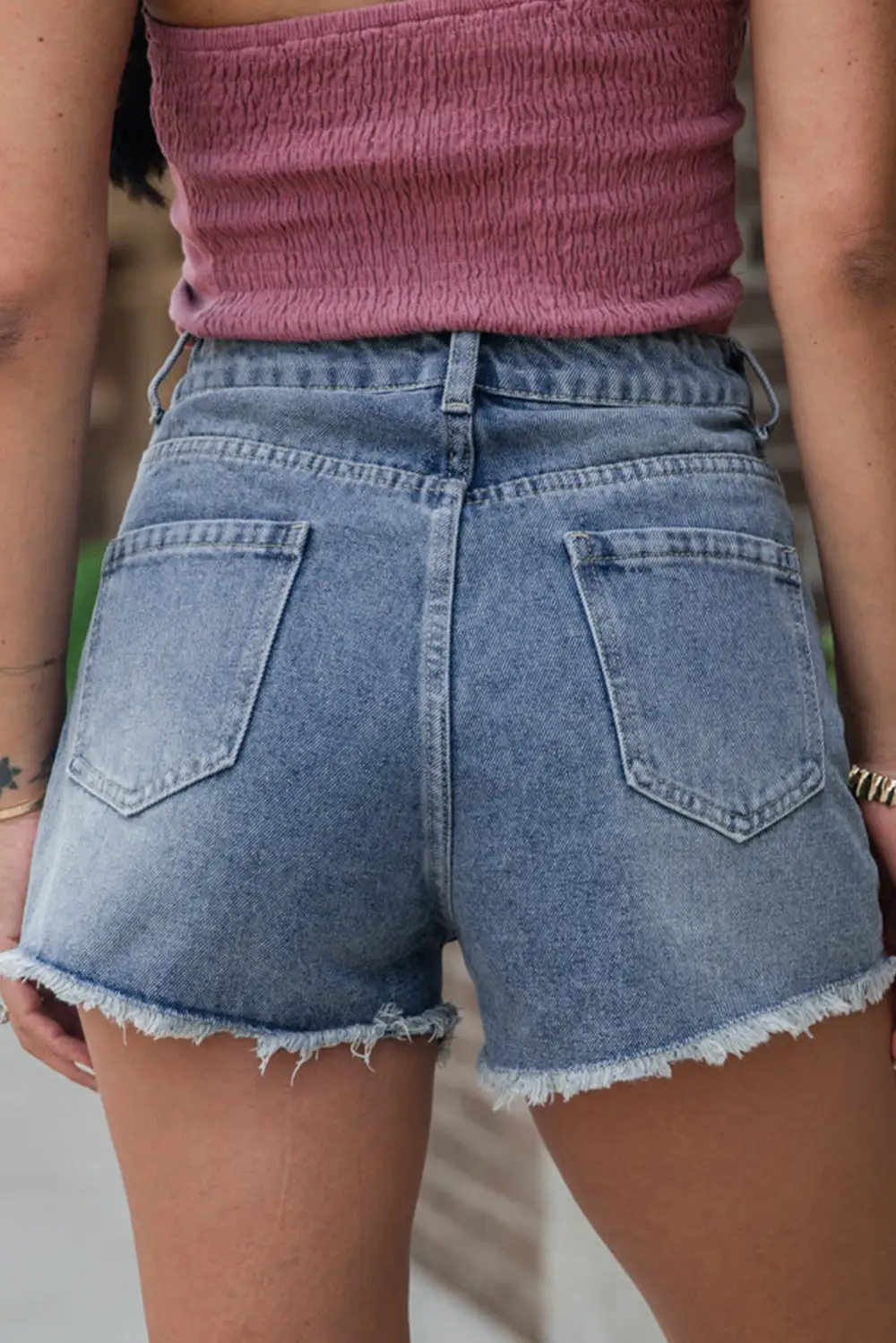 Pearl Beaded Raw Hem Medium Wash Denim Shorts
