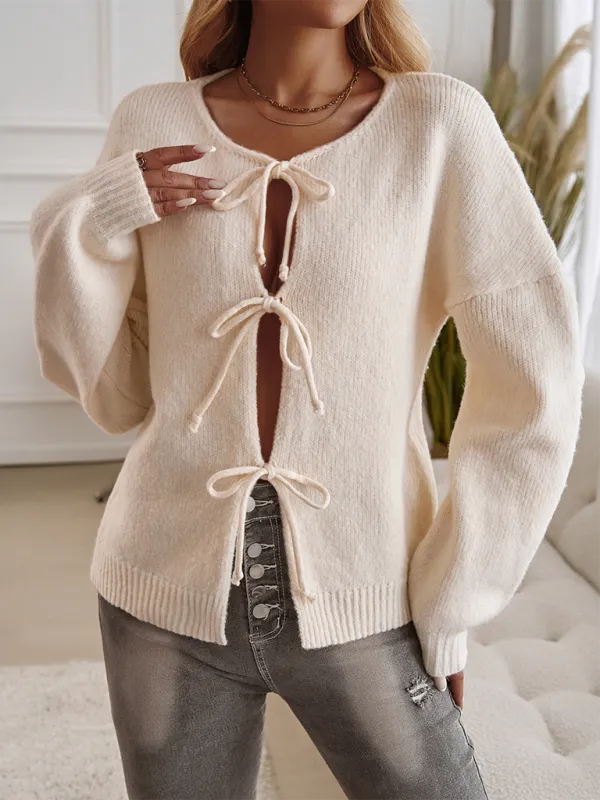 Loose Lace-Up Long-Sleeved Cardigan